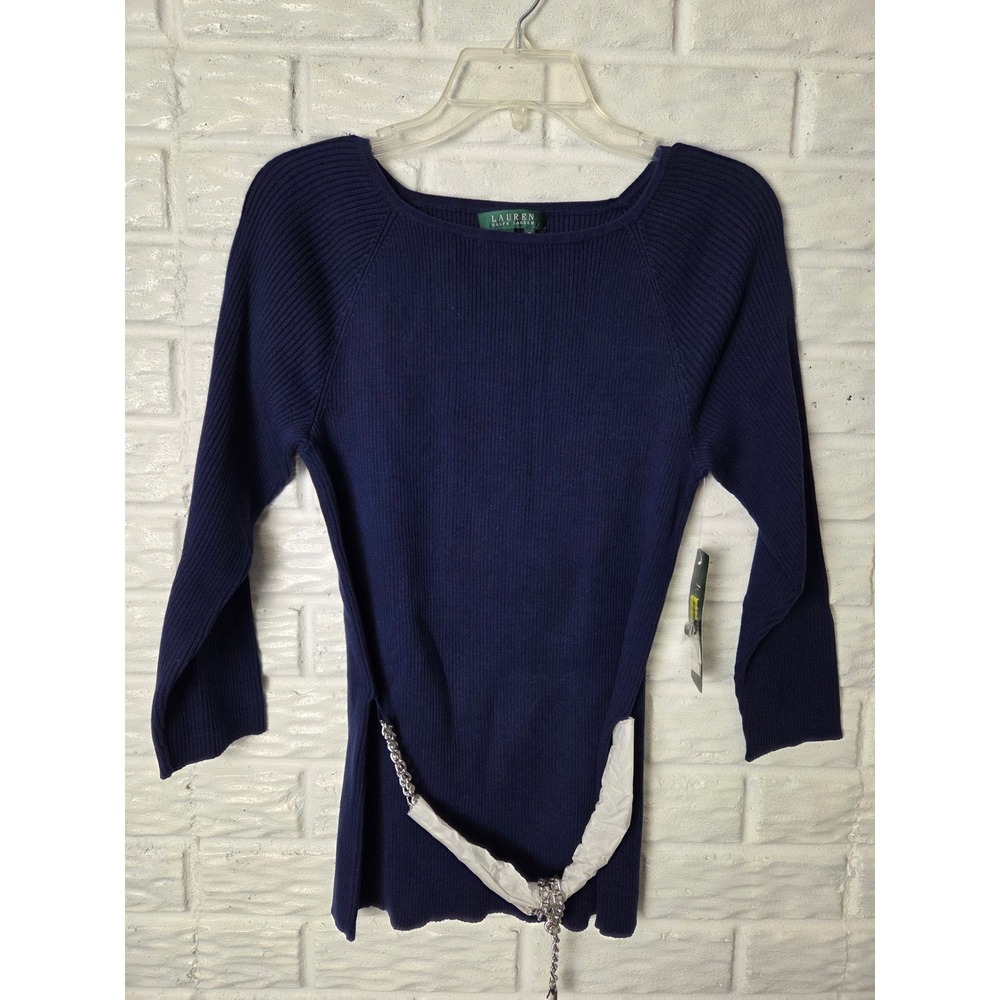 LAUREN Ralph Lauren Women's size Medium Ribbed Sweater Tunic Chain Belt NWT Blue